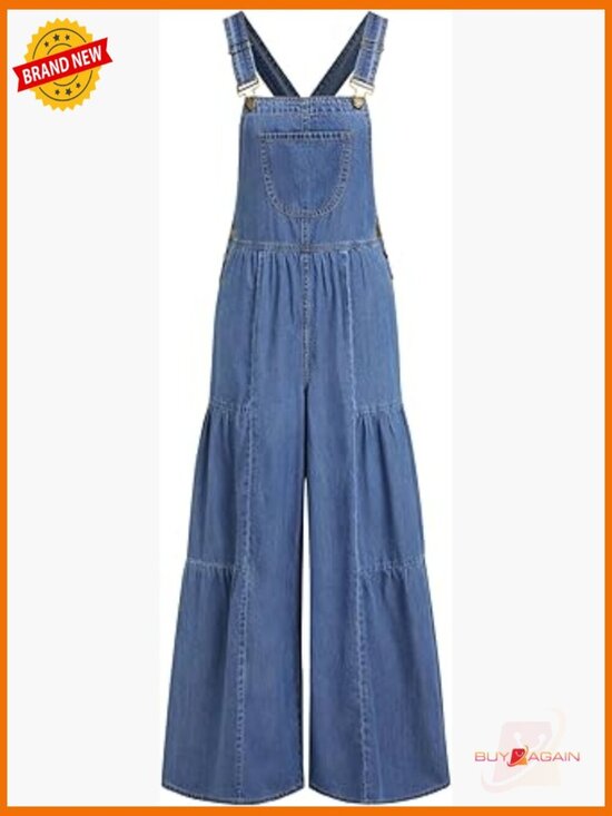 Denim - Wide Leg Denim Overalls Adjustable Strap Jumpsuit Front Pockets Lightweight